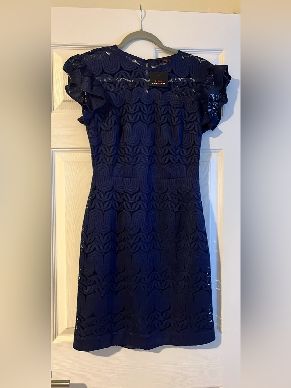 Trina Turk Navy Lace Midi Dress with Ruffle Sleeves